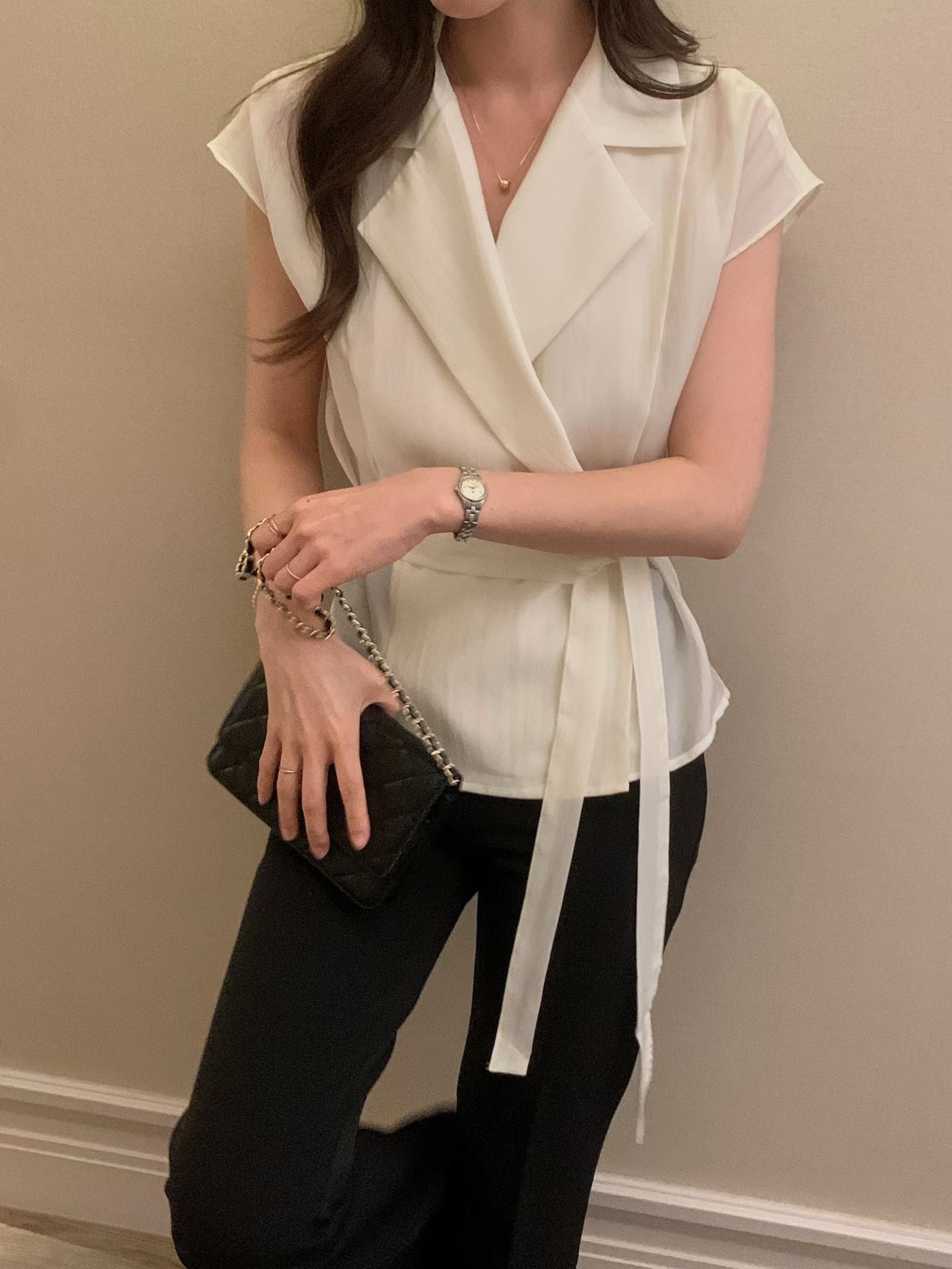 Sophisticated | 西裝領一片式繫帶短袖襯衫上衣Tailored Wrap Blouse with Belt 072202