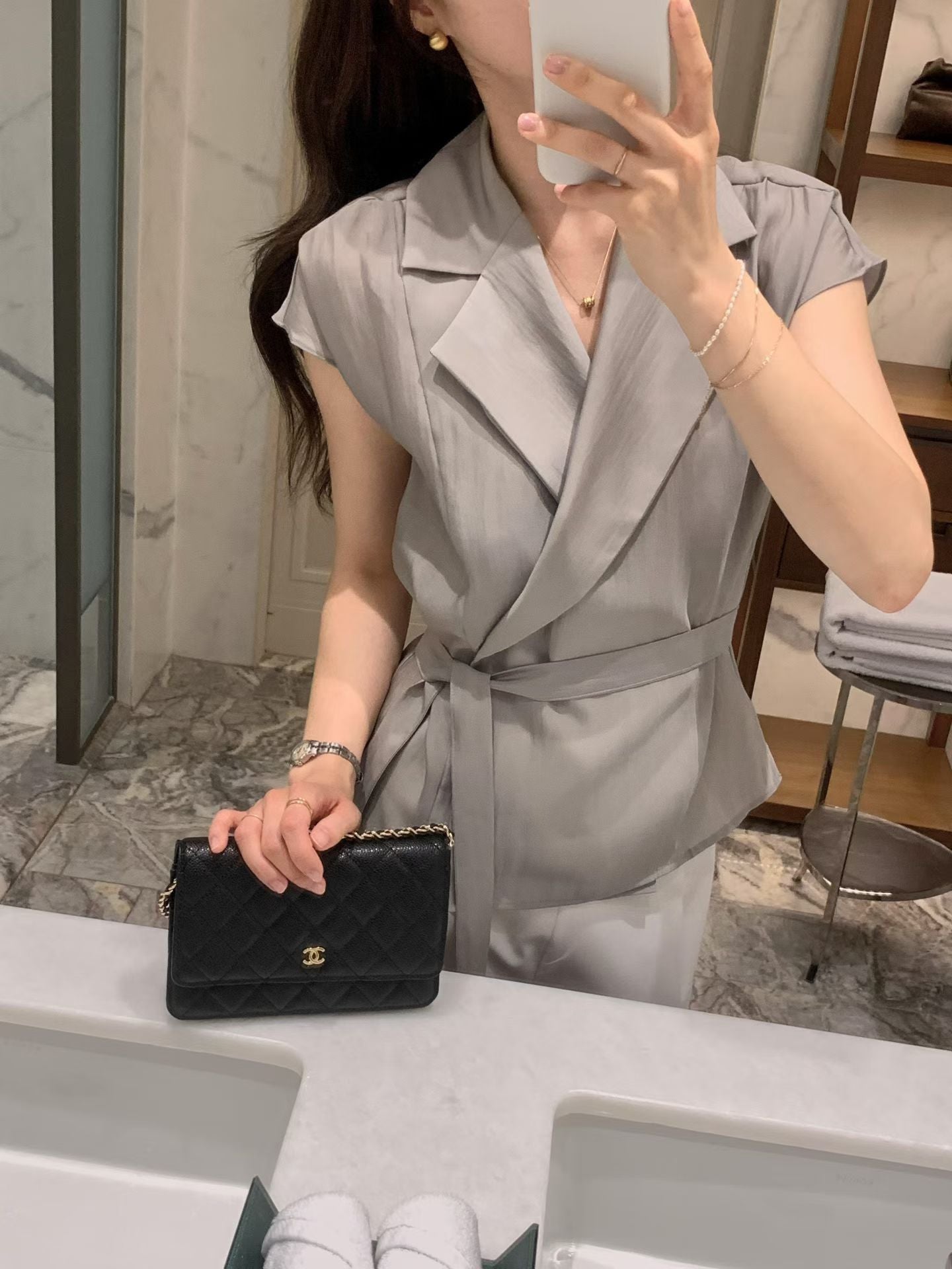 Sophisticated | 西裝領一片式繫帶短袖襯衫上衣Tailored Wrap Blouse with Belt 072202