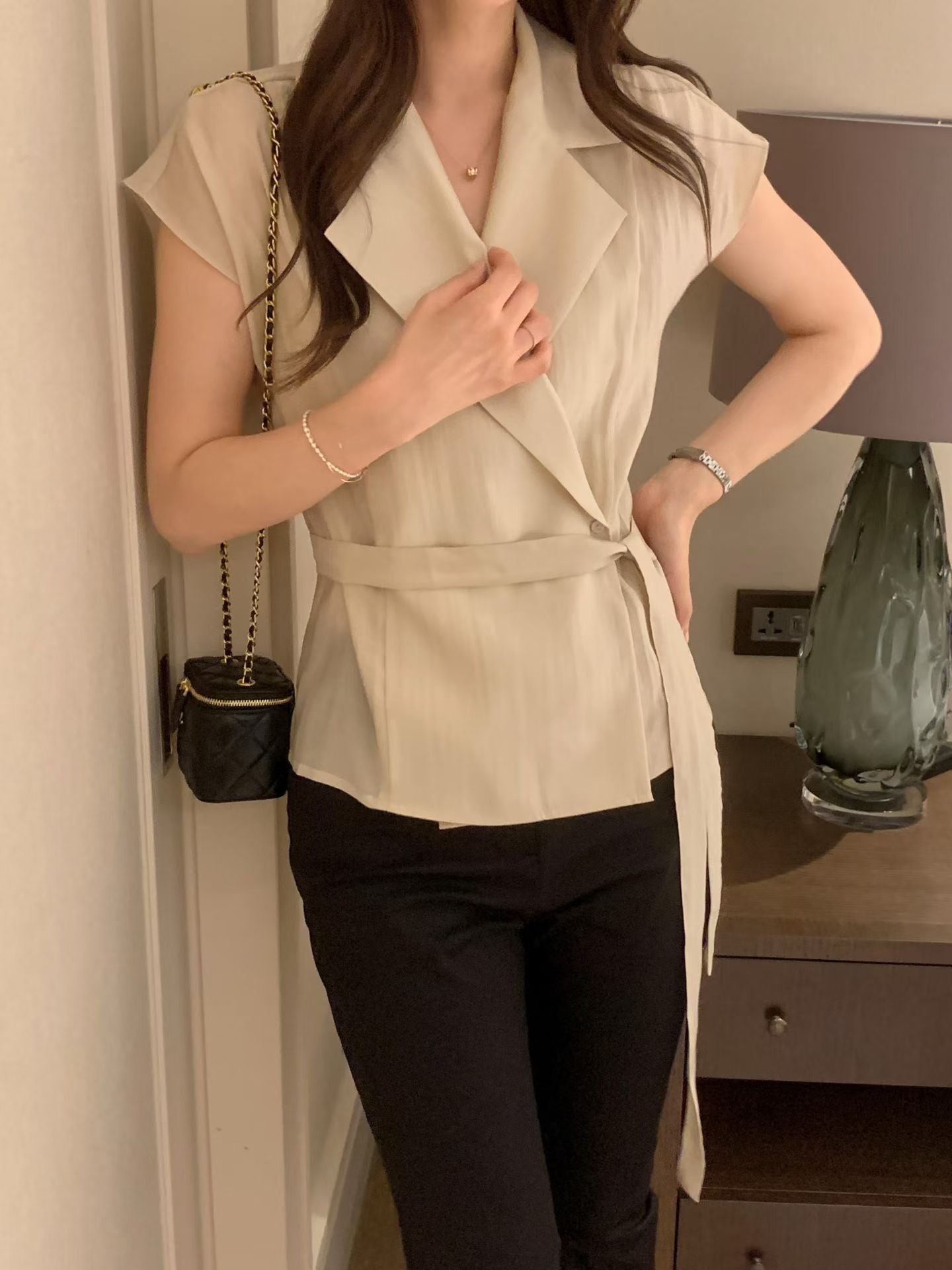 Sophisticated | 西裝領一片式繫帶短袖襯衫上衣Tailored Wrap Blouse with Belt 072202