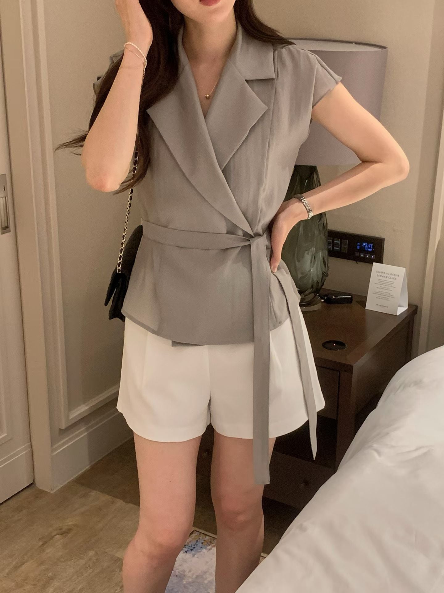 Sophisticated | 西裝領一片式繫帶短袖襯衫上衣Tailored Wrap Blouse with Belt 072202