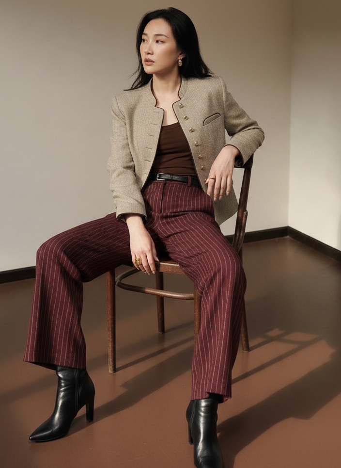 Vivian 高級羊毛粗花呢立領短版外套｜撞色滾邊. 單排扣