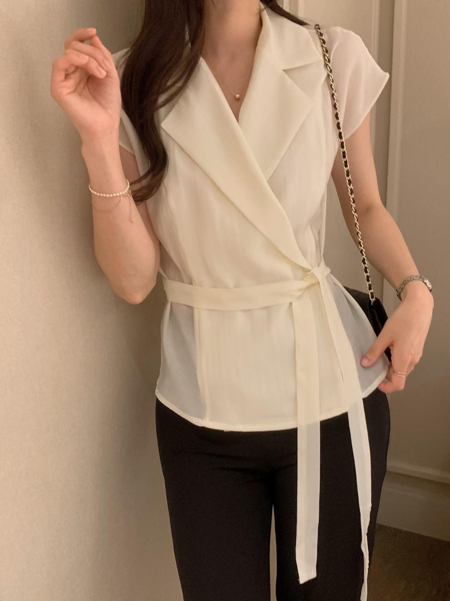 Sophisticated | 西裝領一片式繫帶短袖襯衫上衣Tailored Wrap Blouse with Belt 072202