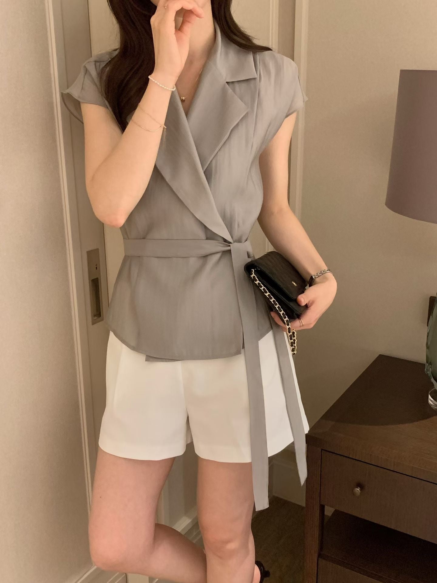 Sophisticated | 西裝領一片式繫帶短袖襯衫上衣Tailored Wrap Blouse with Belt 072202