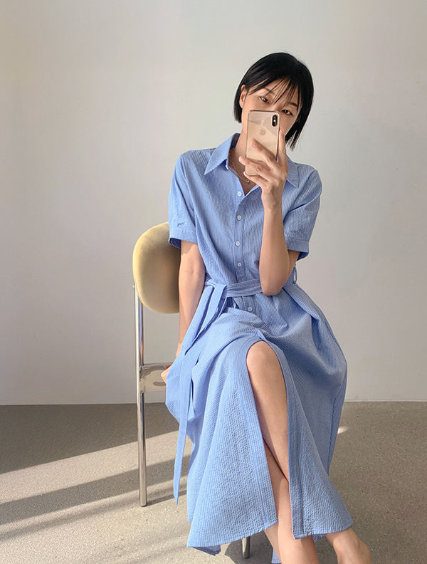 Straight ｜ 條紋腰帶飄逸襯衫式洋裝,Dr060501