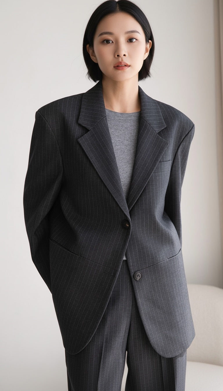 dark circles women 經典深灰色條紋西裝外套套裝，模特兒穿著修身剪裁外套搭配灰色針織衫，展現專業俐落職場風格