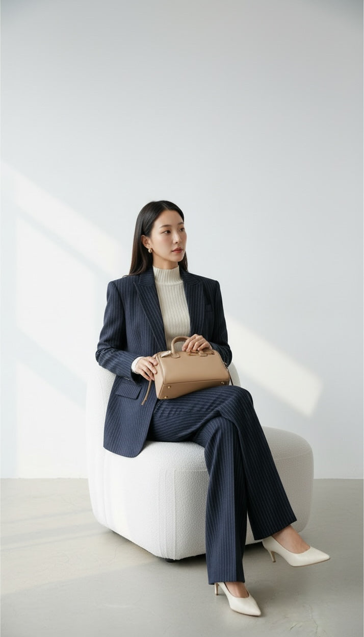 dark circles women 經典深藍色條紋西裝套裝，模特兒穿著修身西裝外套與長褲，搭配米色針織衫與手提包，展現專業職場風格。