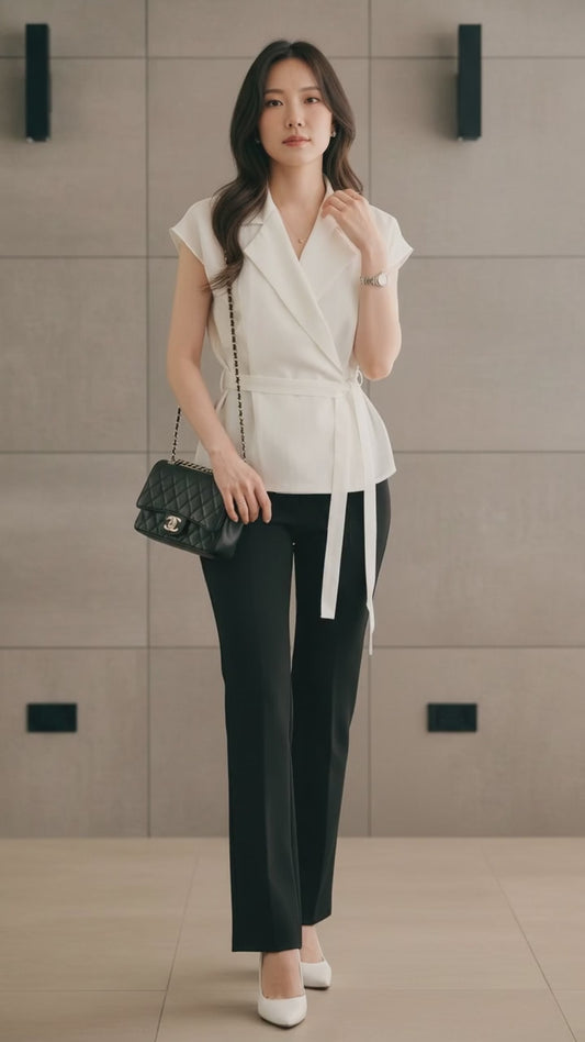 Sophisticated | 西裝領一片式繫帶短袖襯衫上衣Tailored Wrap Blouse with Belt 072202